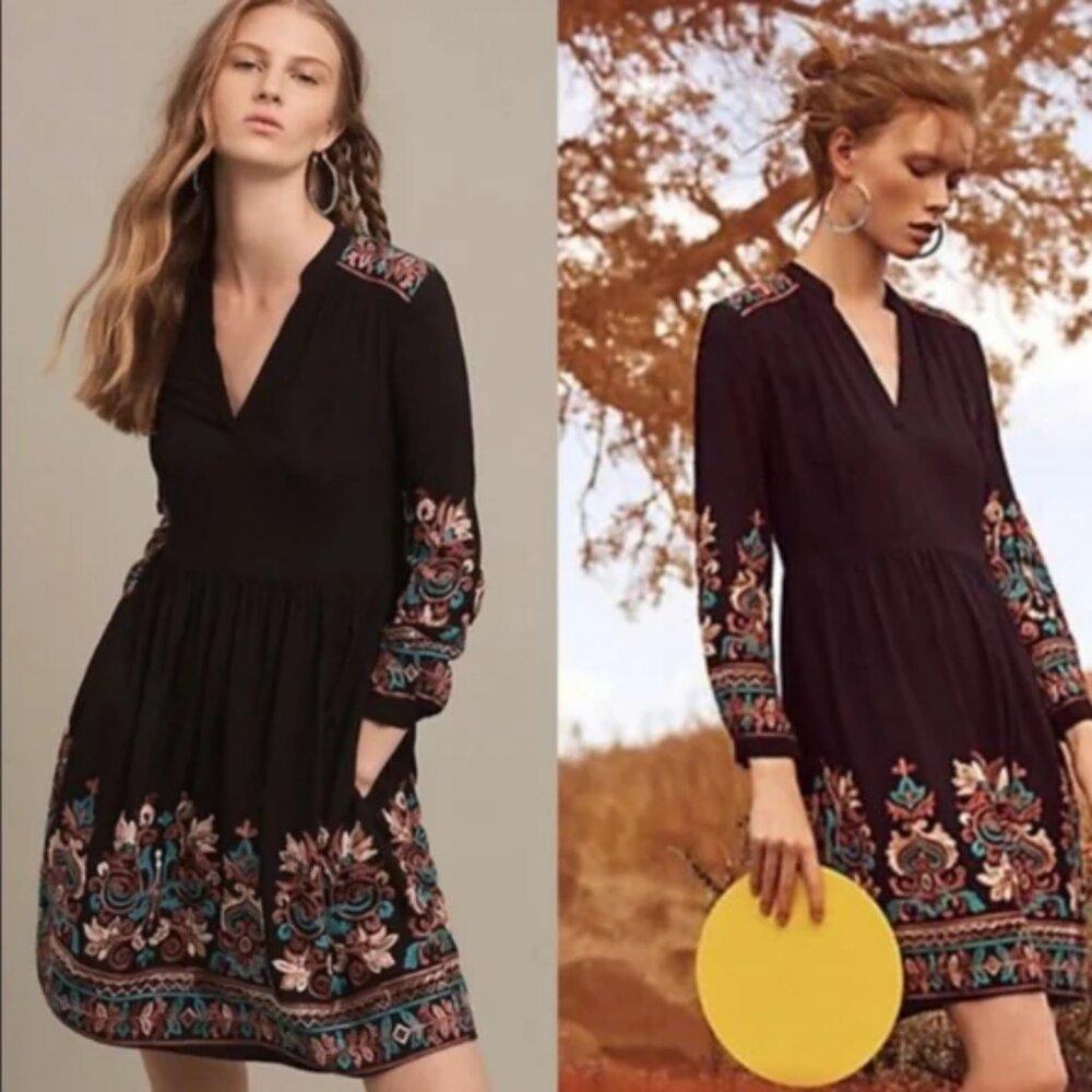 Floreat Anthropologie Black Embroidered Avery Mini Dress Sm